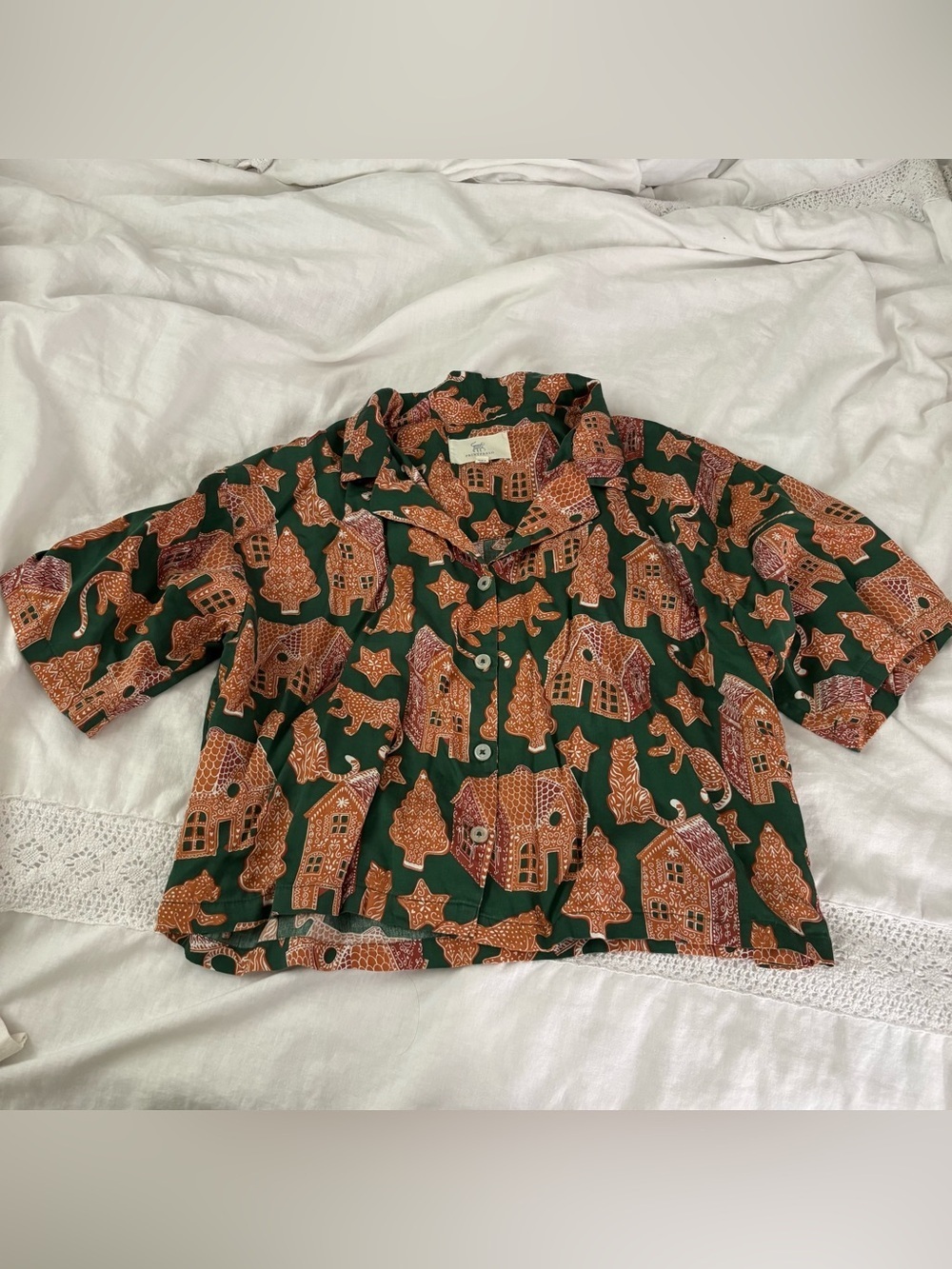 Printfresh Gingerbread Party Eco Satin Ruffle top MEDIUM green brown